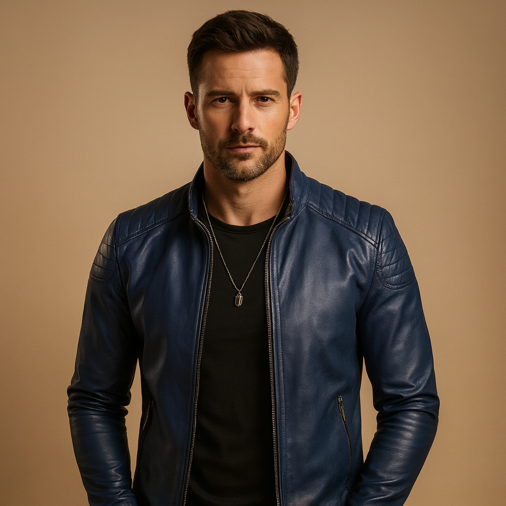 Men’s luxury biker jacket with a refined classic design, suitable for business outfits, casual looks, and everyday wear.