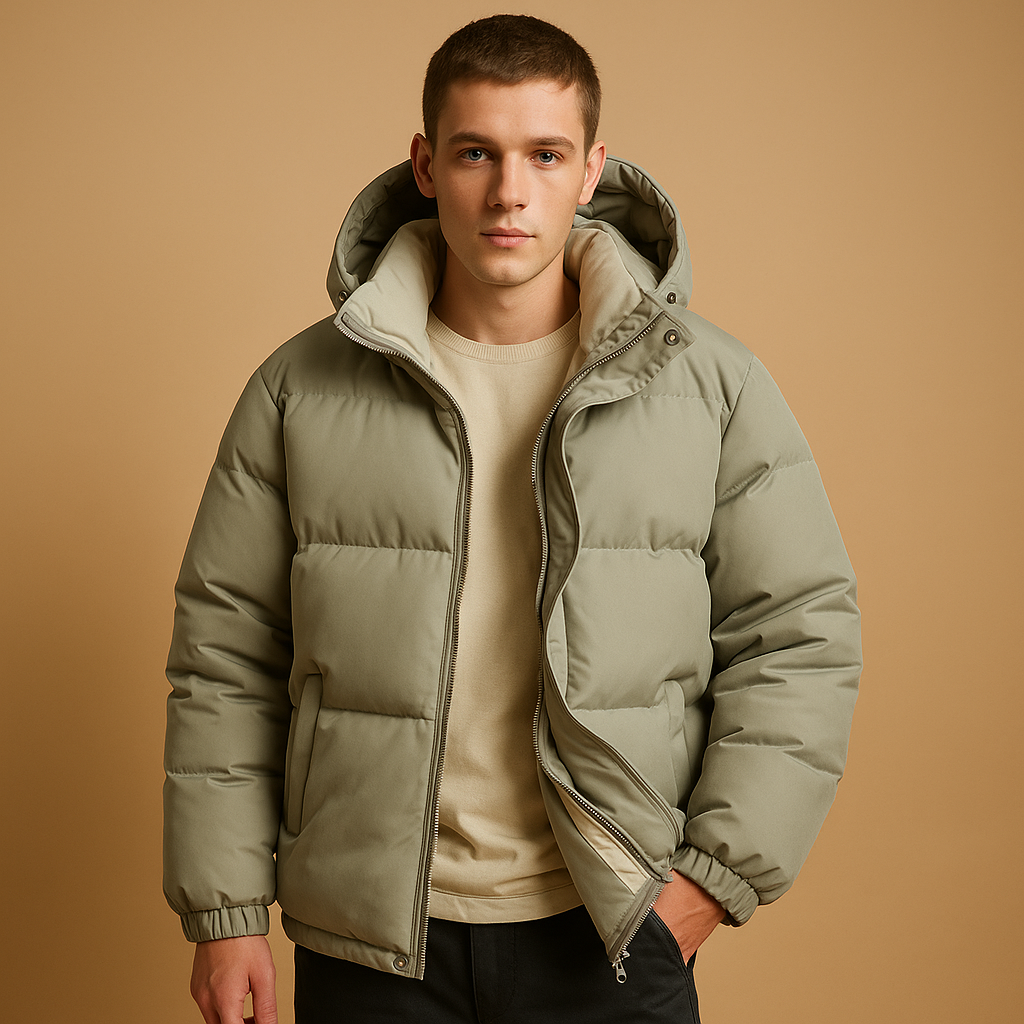 Modern puffer jacket for men with a hood and quilted insulation, offering lightweight warmth and a sporty look for winter days.