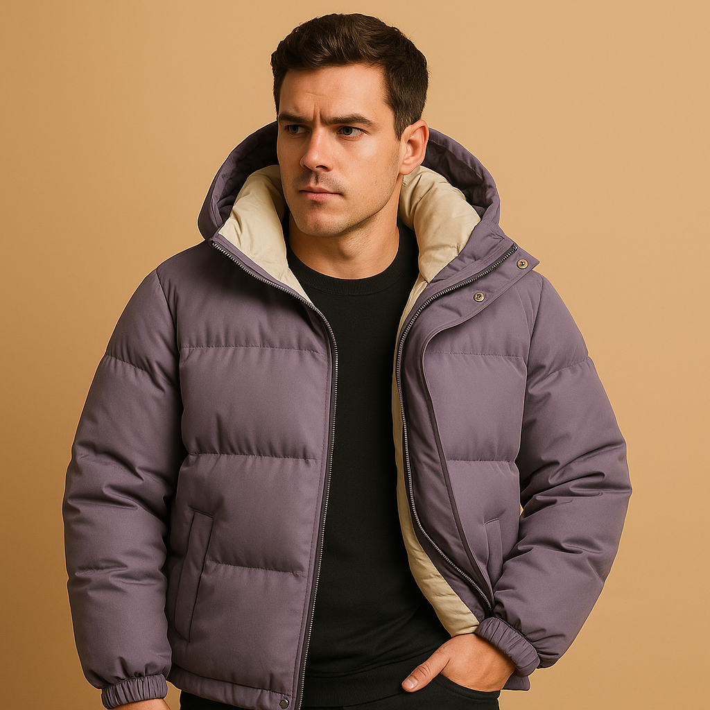 Modern puffer jacket for men with a hood and quilted insulation, offering lightweight warmth and a sporty look for winter days.