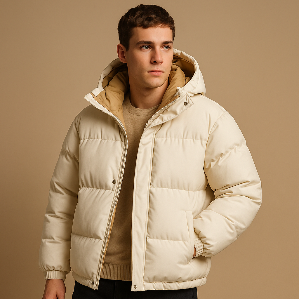Modern puffer jacket for men with a hood and quilted insulation, offering lightweight warmth and a sporty look for winter days.