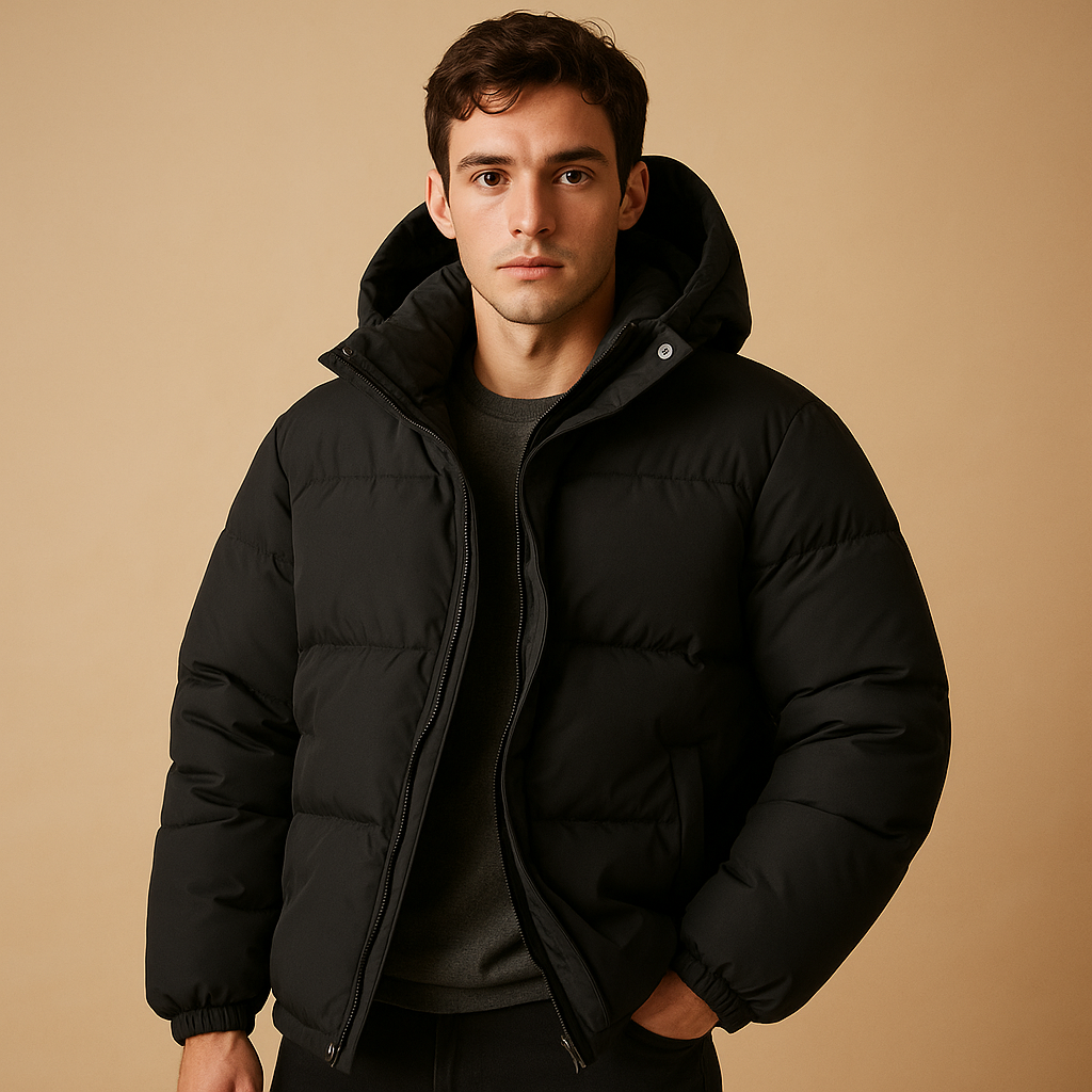 Modern puffer jacket for men with a hood and quilted insulation, offering lightweight warmth and a sporty look for winter days.
