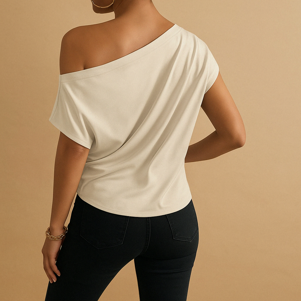 Off shoulder batwing sleeve top for women in beige with loose fit, ideal for casual summer days and evening outings.