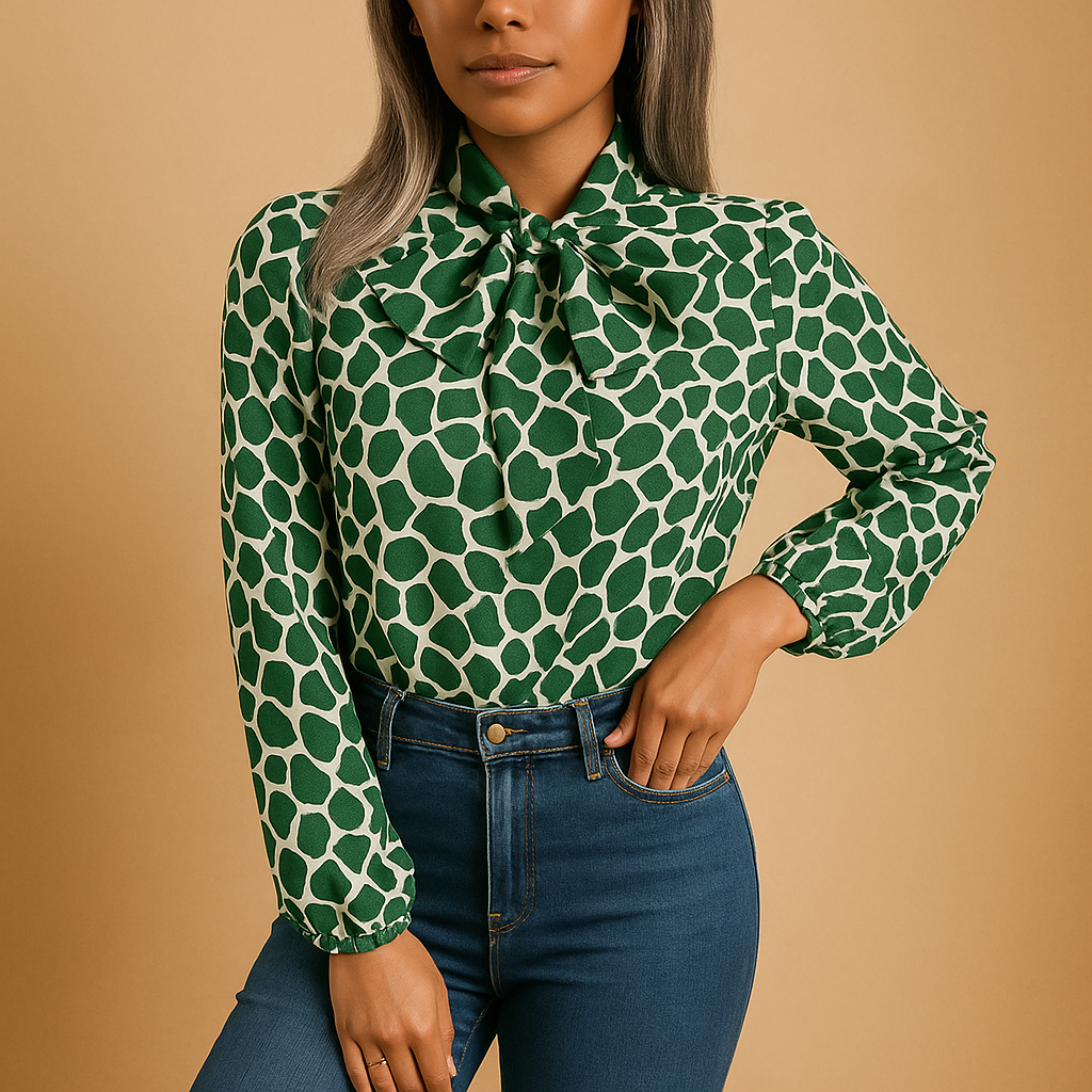 Women’s green polka dot blouse with bow detail and elastic cuffs, ideal for business meetings, office outfits, and smart casual occasions.