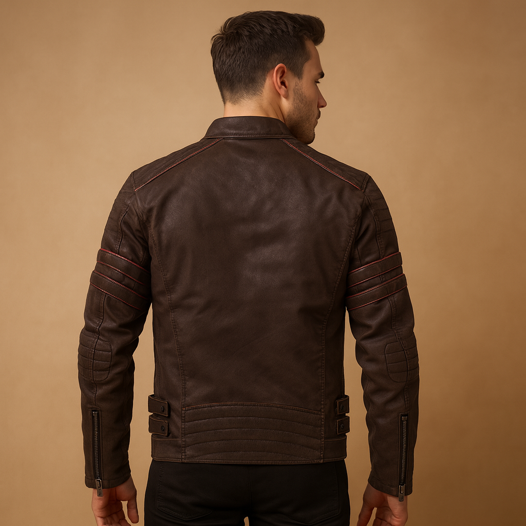 Premium biker jacket for men with a structured fit and weather-resistant finish, suitable for motorcycle rides and casual everyday wear.