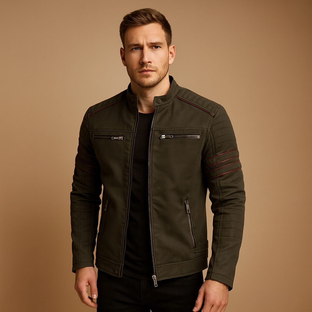 Premium biker jacket for men with a structured fit and weather-resistant finish, suitable for motorcycle rides and casual everyday wear.