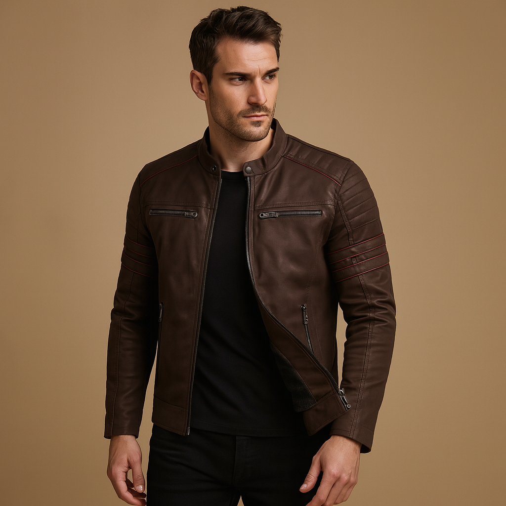 Premium biker jacket for men with a structured fit and weather-resistant finish, suitable for motorcycle rides and casual everyday wear.
