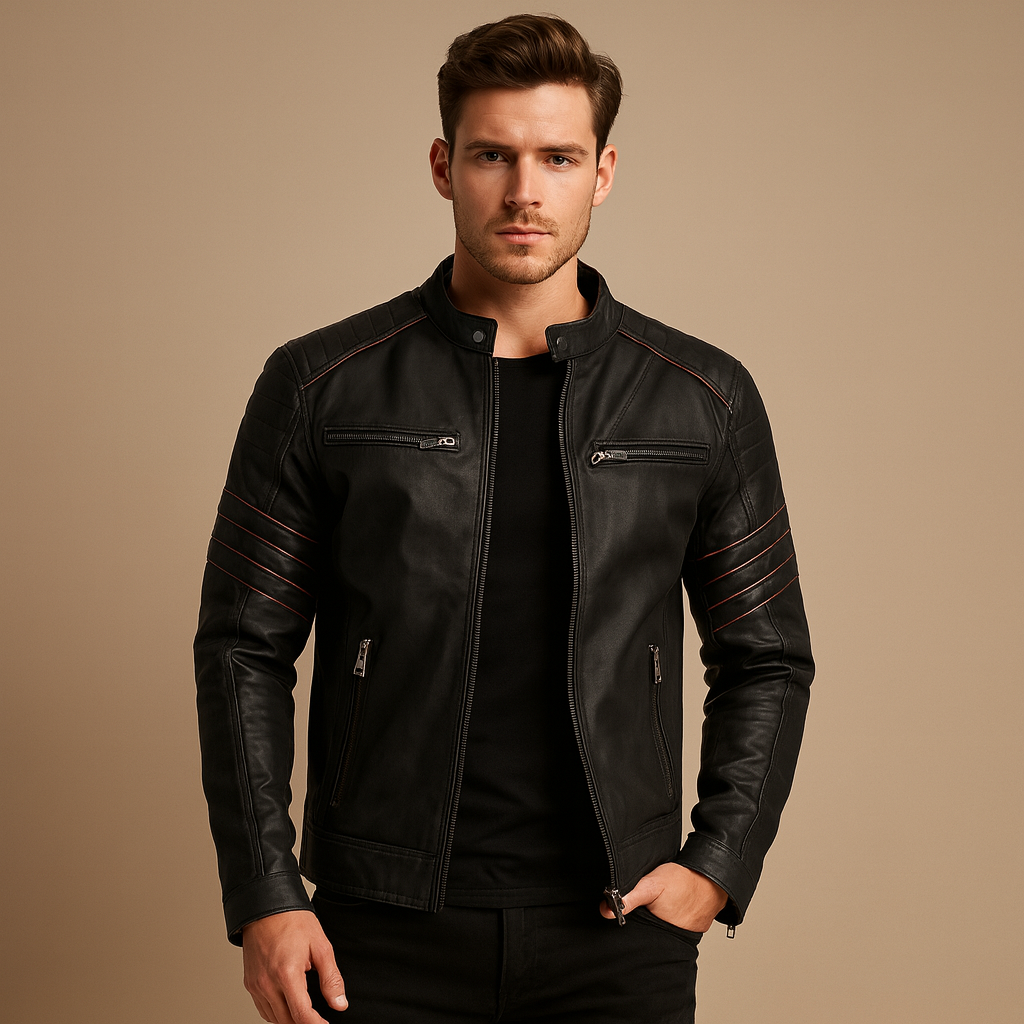 Premium biker jacket for men with a structured fit and weather-resistant finish, suitable for motorcycle rides and casual everyday wear.
