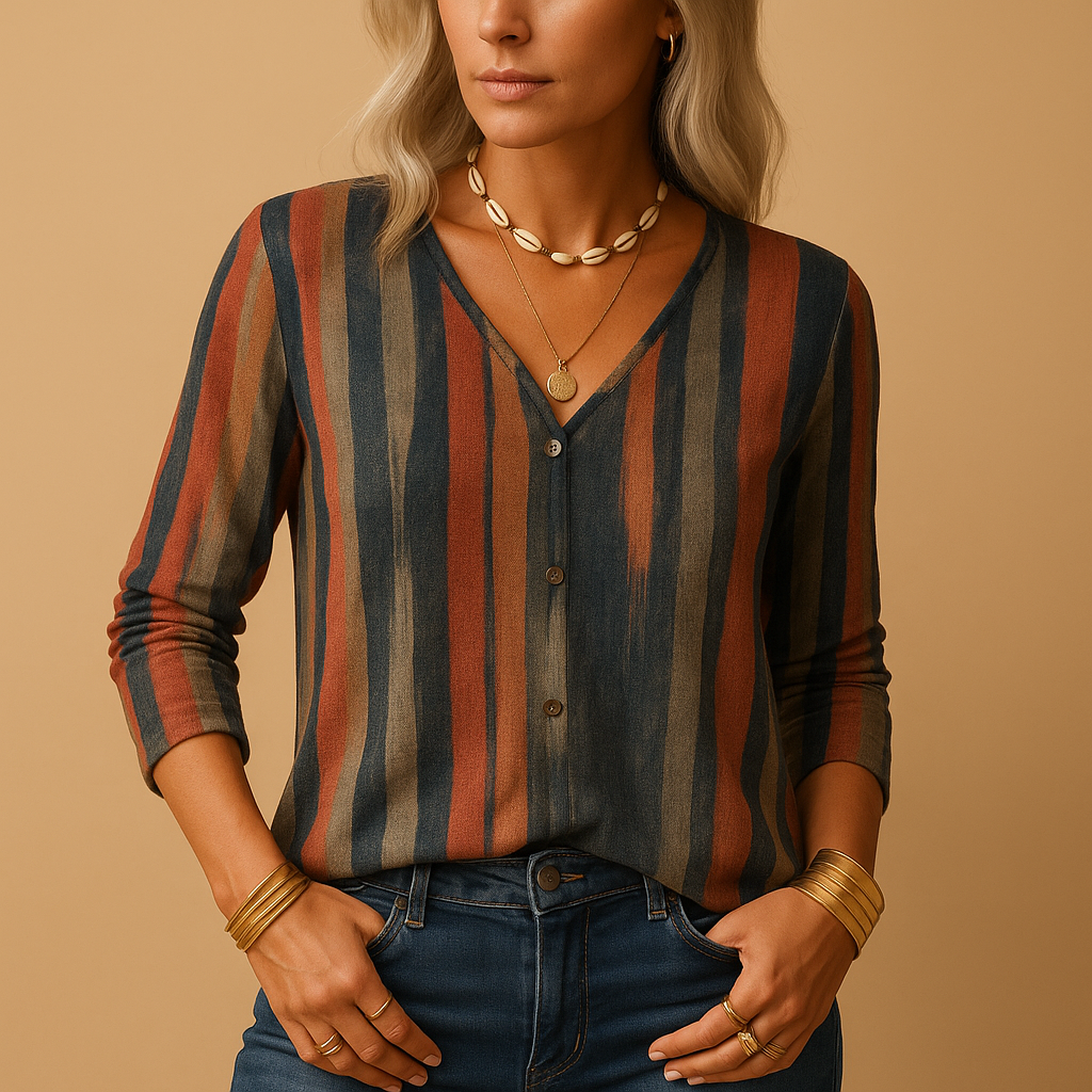 Printed patchwork long sleeve top for women with mixed prints and stripes, ideal for casual outfits, office looks and stylish weekend wear.