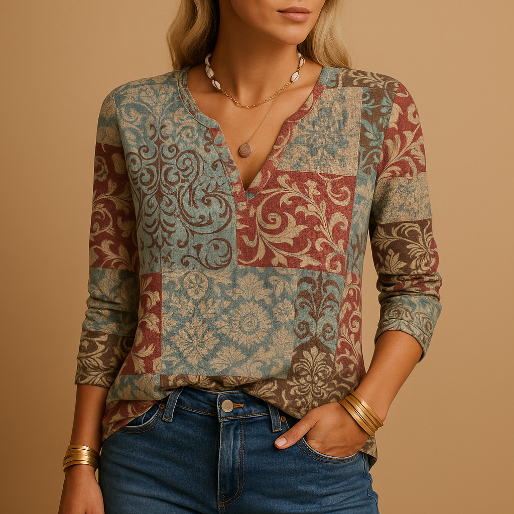Printed patchwork long sleeve top for women with mixed prints and stripes, ideal for casual outfits, office looks and stylish weekend wear.
