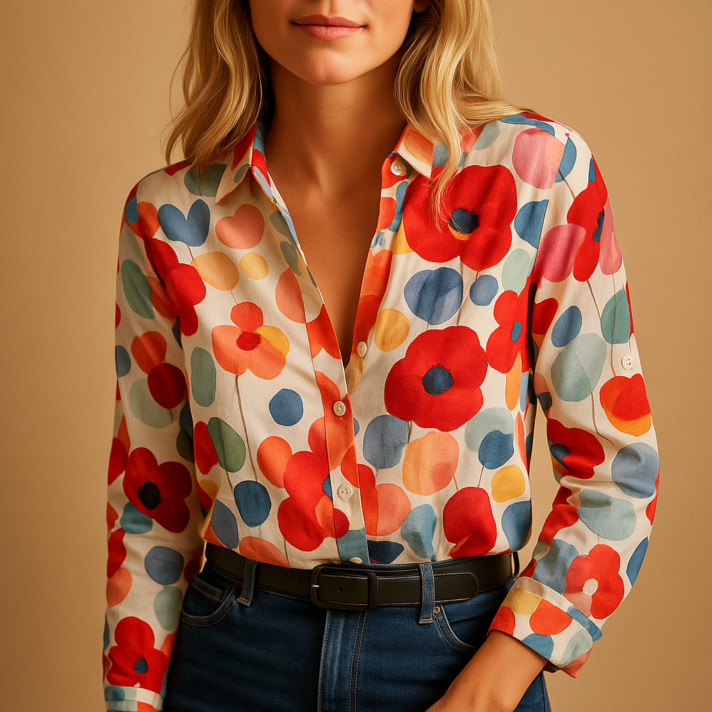 Women’s red floral spring blouse with lightweight breathable fabric and flattering fit, ideal for office wear, casual outings, and daytime occasions.