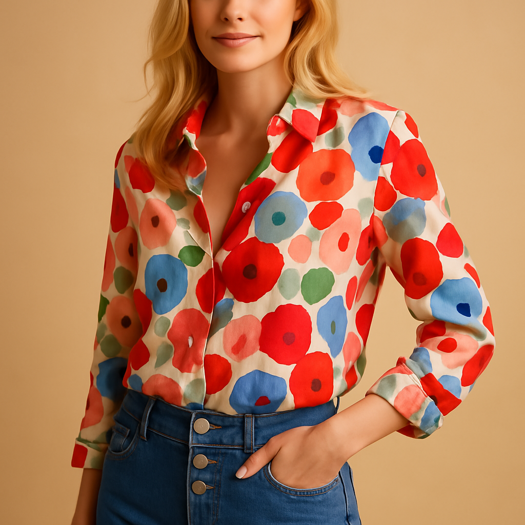 Women’s red floral spring blouse with lightweight breathable fabric and flattering fit, ideal for office wear, casual outings, and daytime occasions.
