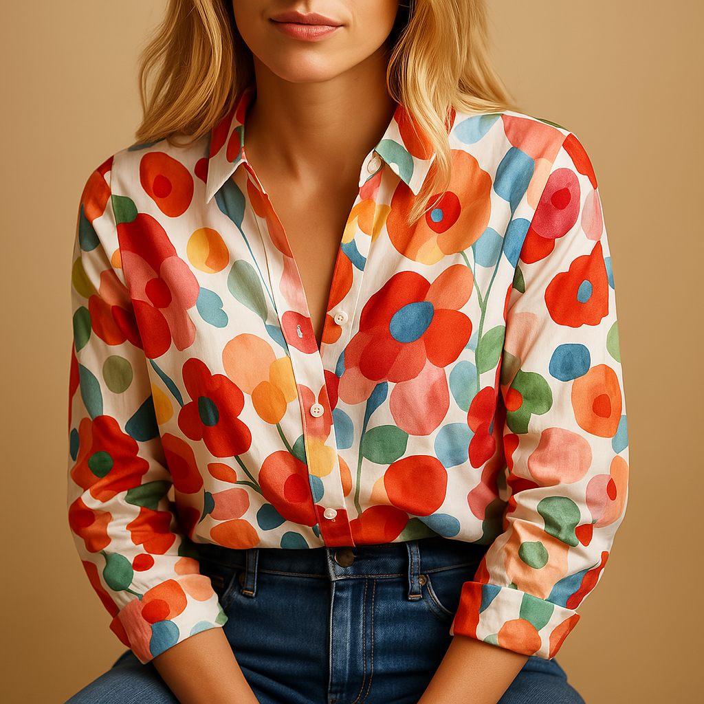 Women’s red floral spring blouse with lightweight breathable fabric and flattering fit, ideal for office wear, casual outings, and daytime occasions.