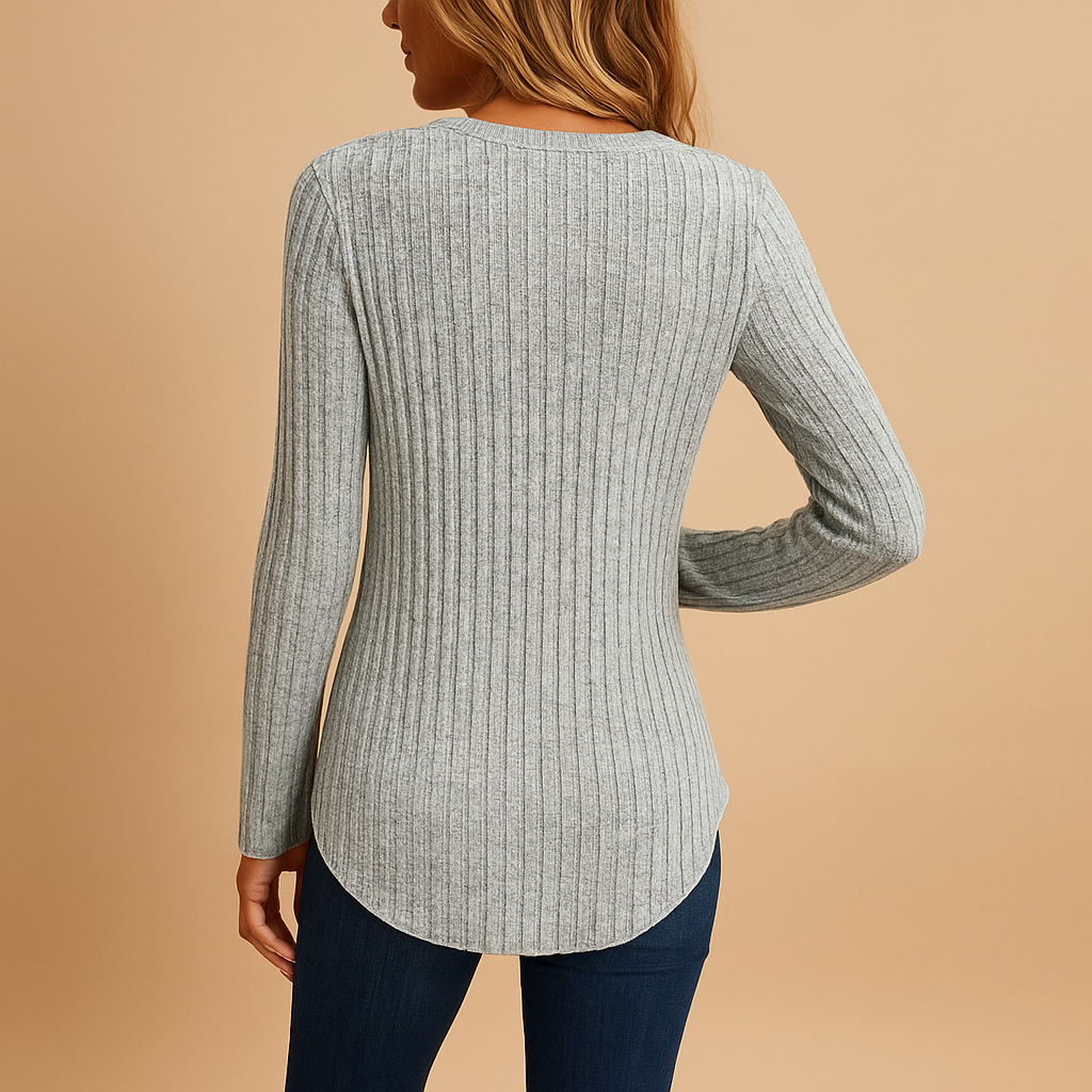 Ribbed V-neck top for women in grey with button details and breathable lightweight fit, ideal for casual wear or layering in cooler seasons.