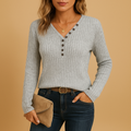 Ribbed V-neck top for women in grey with button details and breathable lightweight fit, ideal for casual wear or layering in cooler seasons.