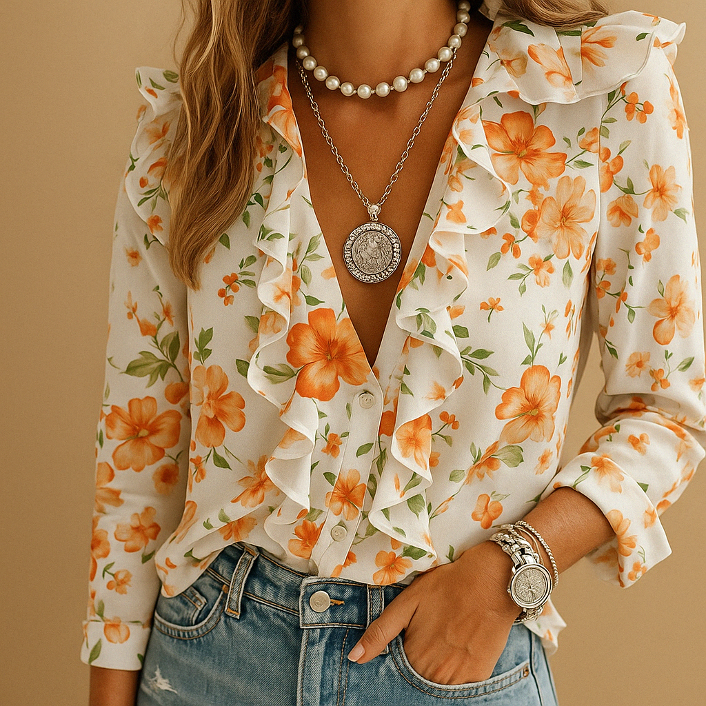 Women’s ruffle butterfly print blouse with long sleeves and a lightly tailored fit, ideal for office wear, casual outfits, and elegant occasions.