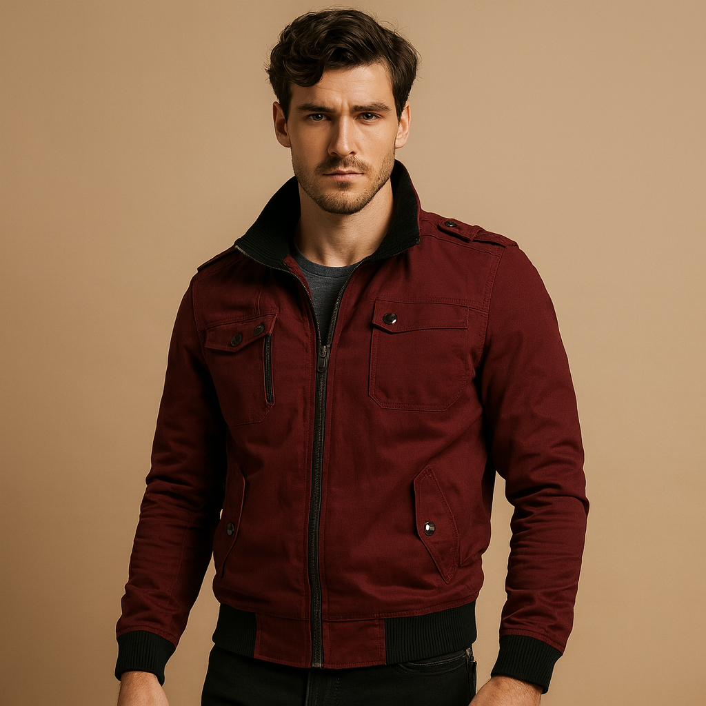 Men’s rugged bomber jacket with tactical details, epaulettes, high collar, and multiple pockets, suitable for outdoor activities and daily wear.
