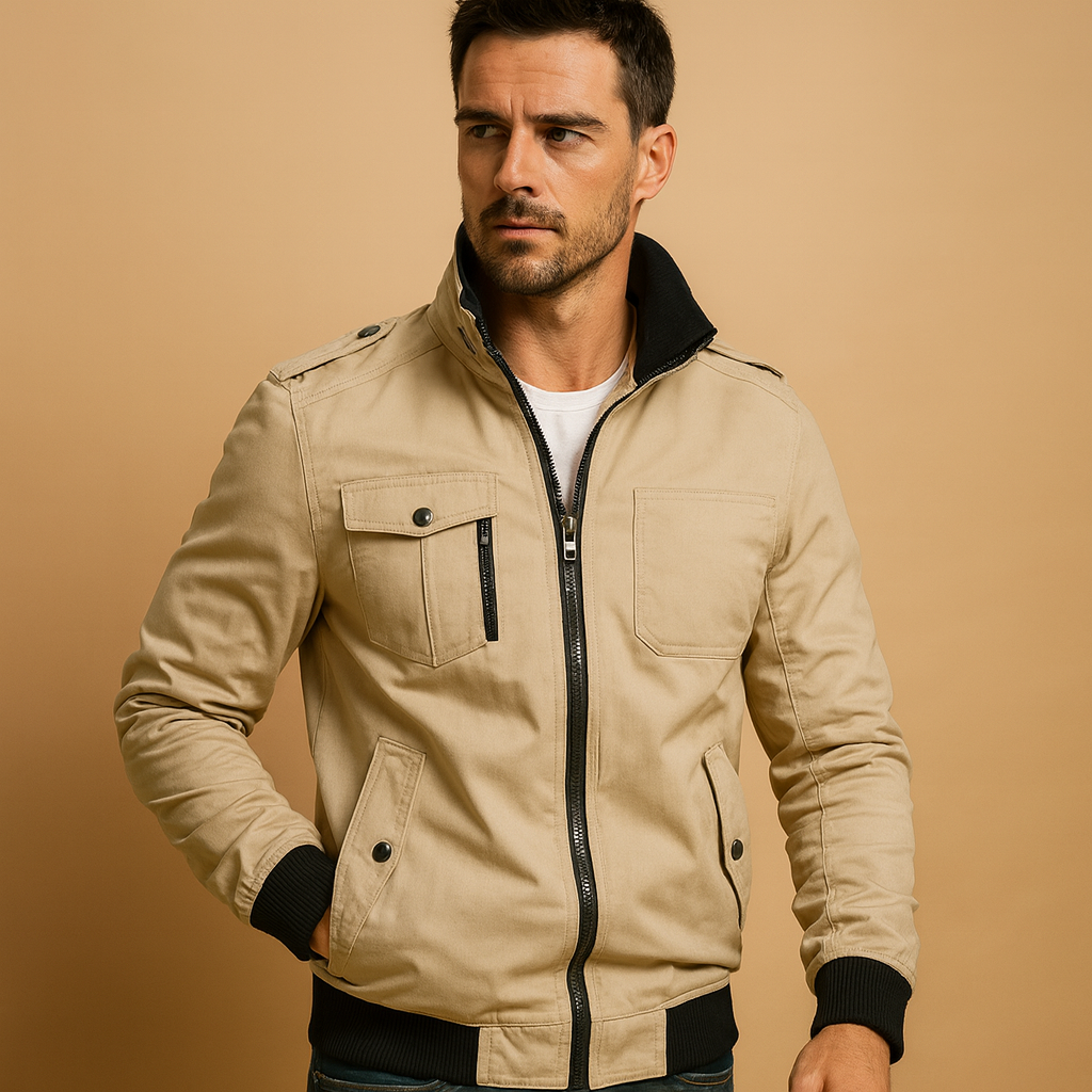 Men’s rugged bomber jacket with tactical details, epaulettes, high collar, and multiple pockets, suitable for outdoor activities and daily wear.