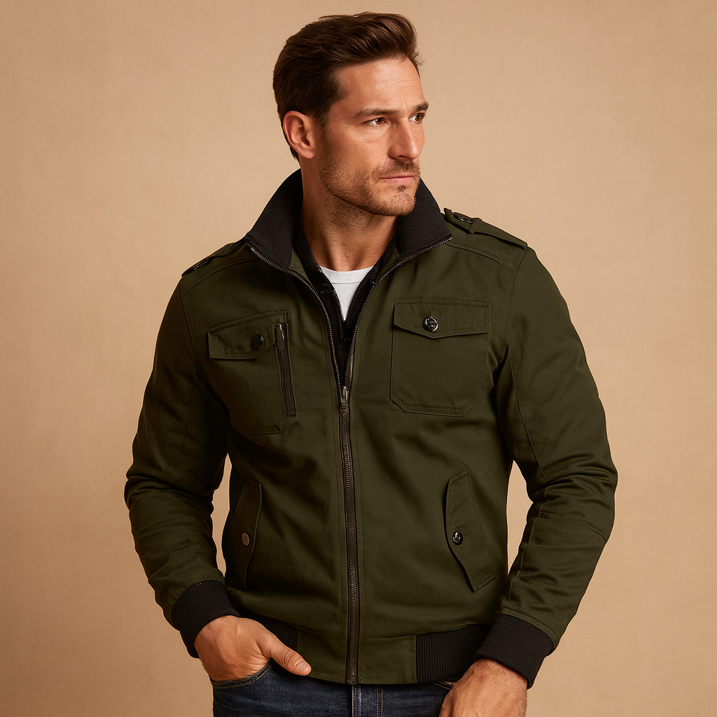 Men’s rugged bomber jacket with tactical details, epaulettes, high collar, and multiple pockets, suitable for outdoor activities and daily wear.