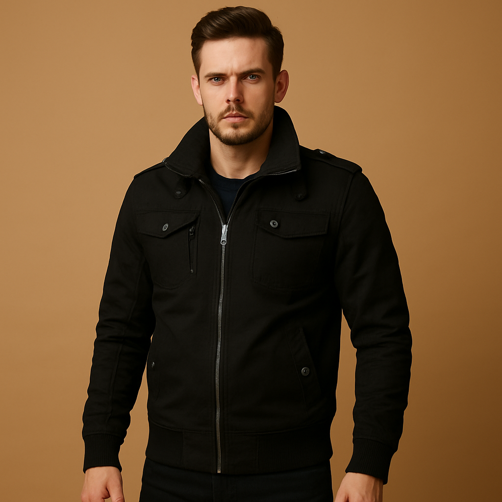 Men’s rugged bomber jacket with tactical details, epaulettes, high collar, and multiple pockets, suitable for outdoor activities and daily wear.