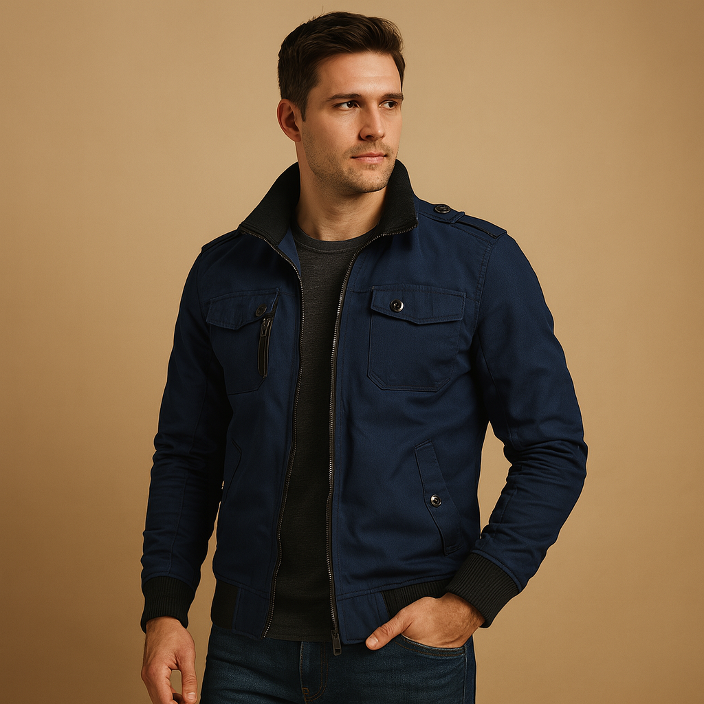 Men’s rugged bomber jacket with tactical details, epaulettes, high collar, and multiple pockets, suitable for outdoor activities and daily wear.