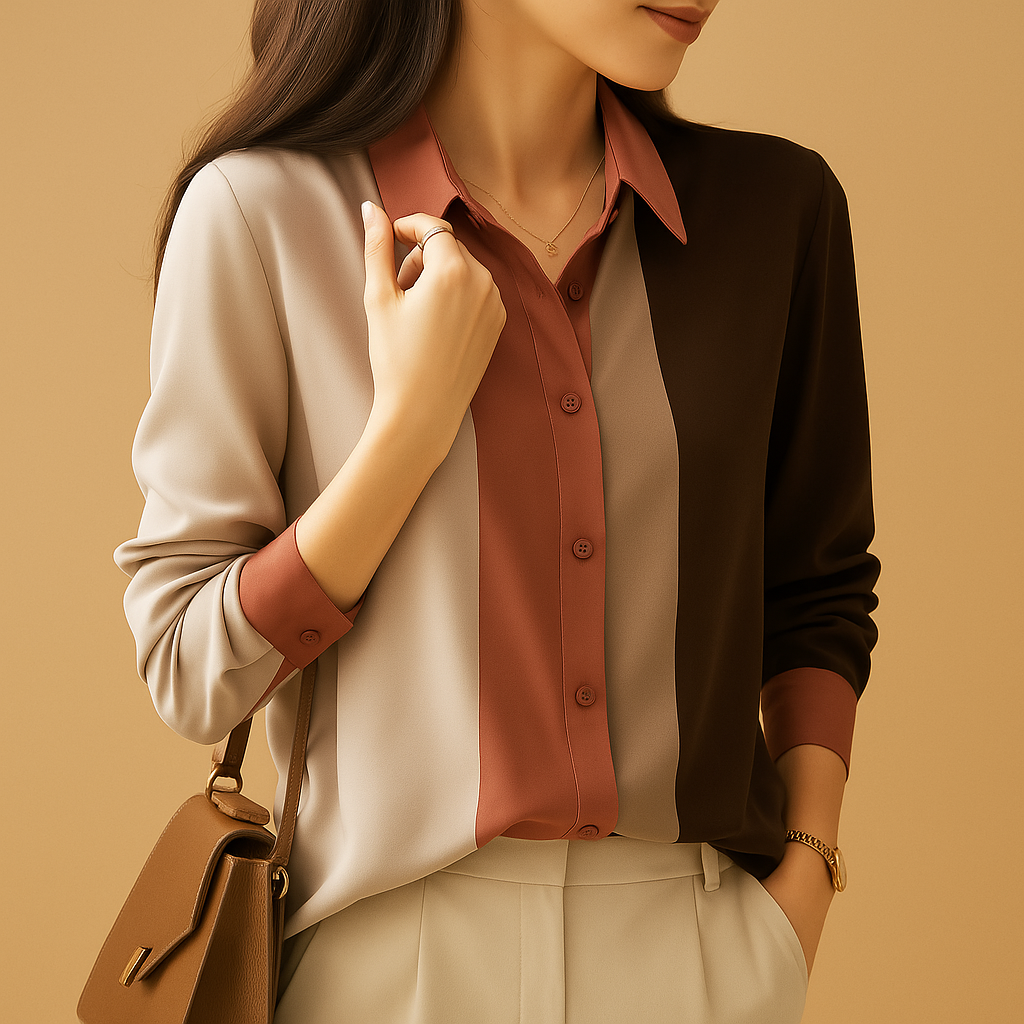 Satin patchwork striped blouse for women with classic collar and loose fit, ideal for office wear, dinner dates and autumn outfits.