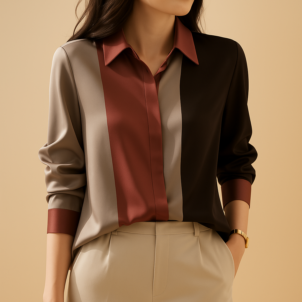 Satin patchwork striped blouse for women with classic collar and loose fit, ideal for office wear, dinner dates and autumn outfits.