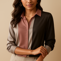 Satin patchwork striped blouse for women with classic collar and loose fit, ideal for office wear, dinner dates and autumn outfits.