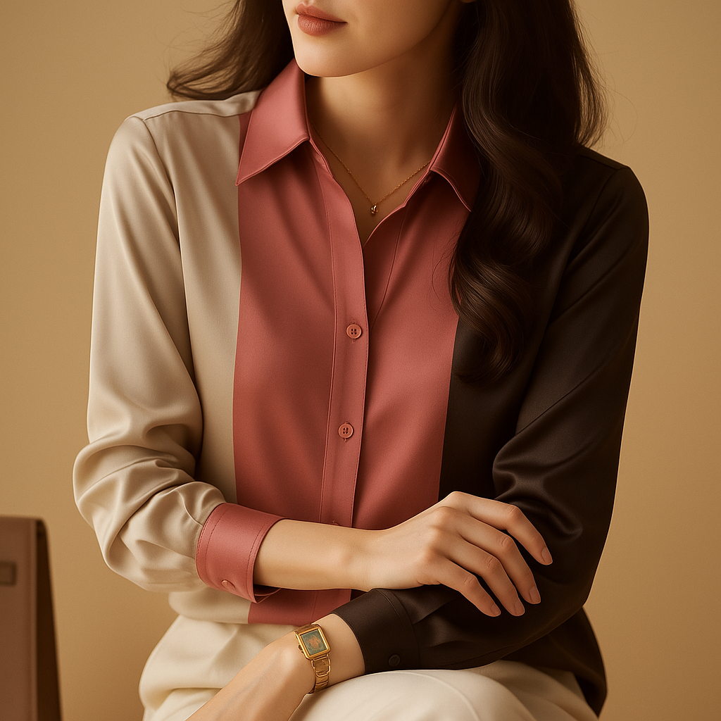 Satin patchwork striped blouse for women with classic collar and loose fit, ideal for office wear, dinner dates and autumn outfits.