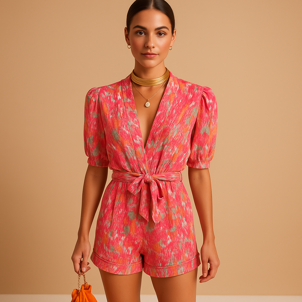 Short printed jumpsuit for women with a built-in belt and vibrant design, suitable for warm days, evenings out, and summer occasions.