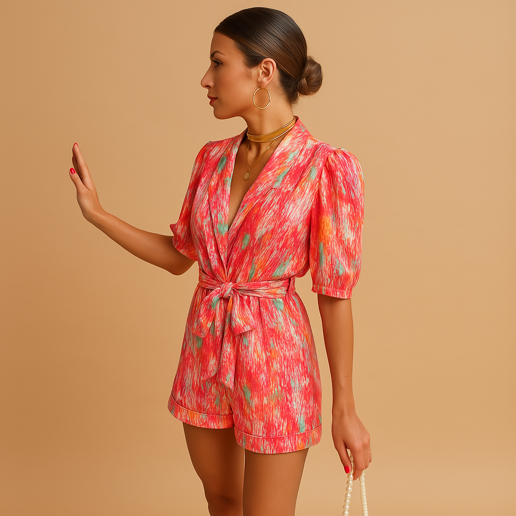 Short printed jumpsuit for women with a built-in belt and vibrant design, suitable for warm days, evenings out, and summer occasions.