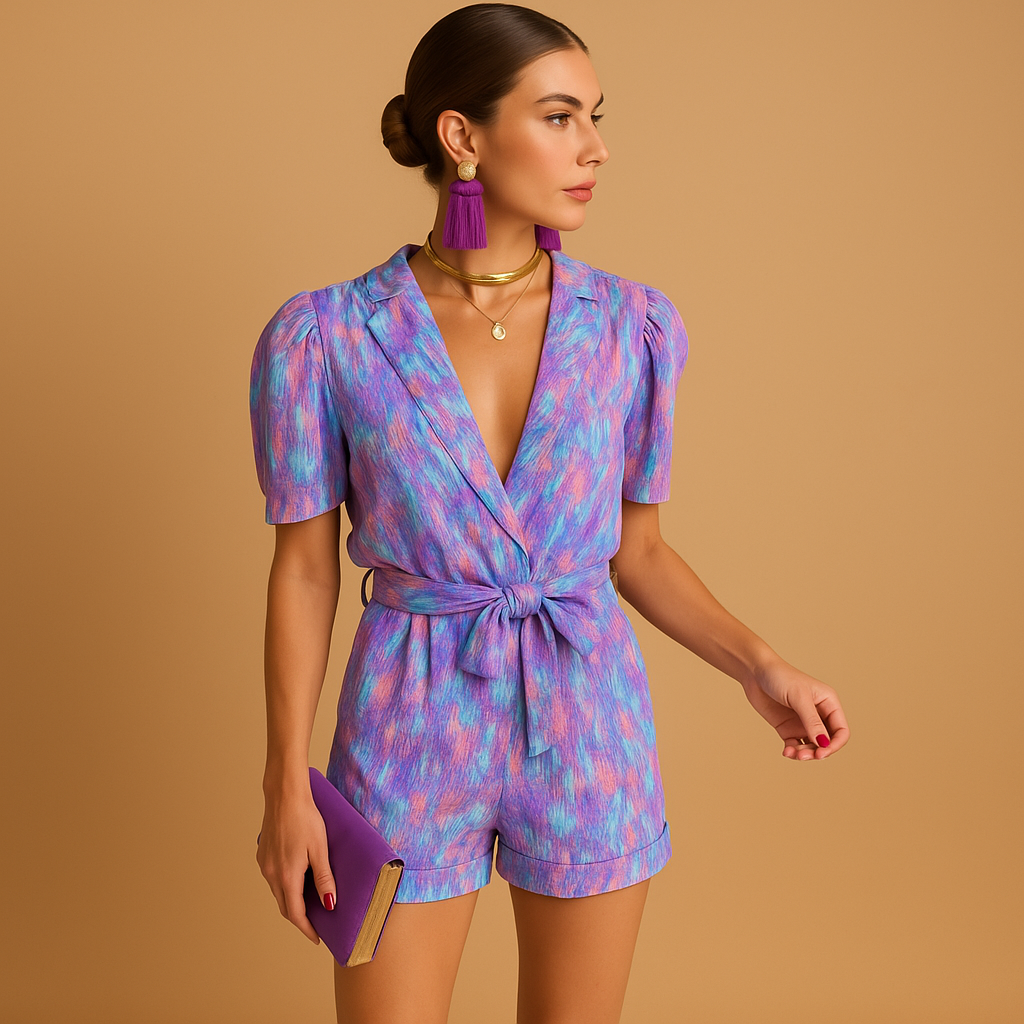 Short printed jumpsuit for women with a built-in belt and vibrant design, suitable for warm days, evenings out, and summer occasions.