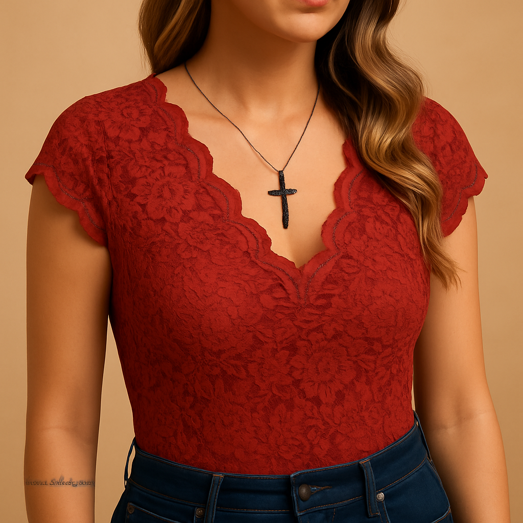 Women’s sleeveless lace V-neck top with slim feminine fit, ideal for parties, formal dinners, and elegant summer outfits.