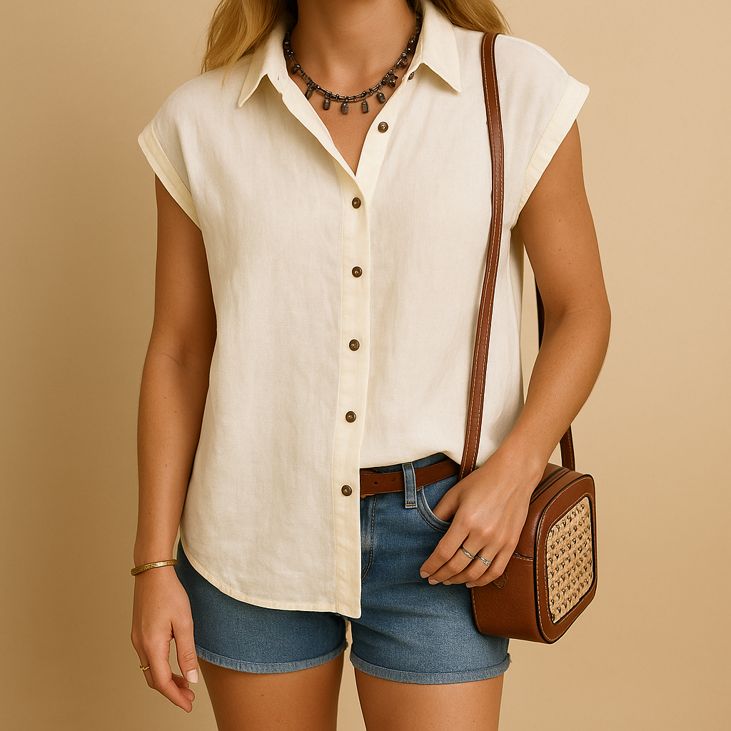 Sleeveless summer shirt for women in yellow, light blue, orange, red and white with airy fit, perfect for warm weather and casual outfits.