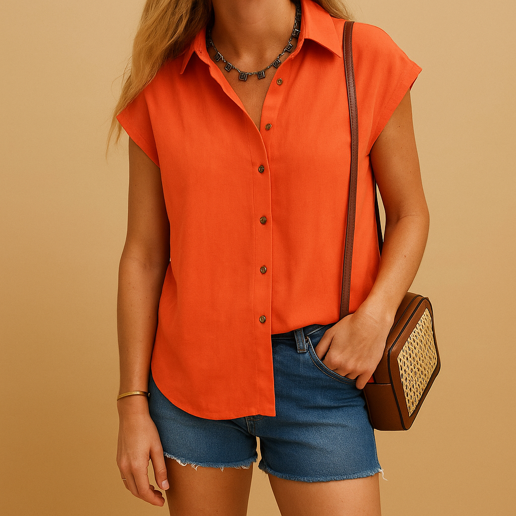 Sleeveless summer shirt for women in yellow, light blue, orange, red and white with airy fit, perfect for warm weather and casual outfits.