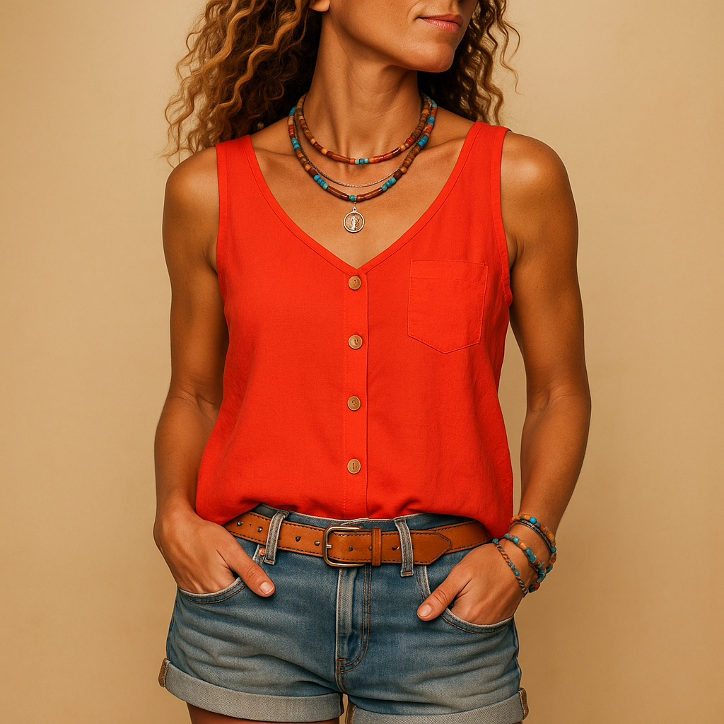 Sleeveless V-neck summer top for women with a relaxed fit and pockets, suitable for casual outfits and warm summer days.