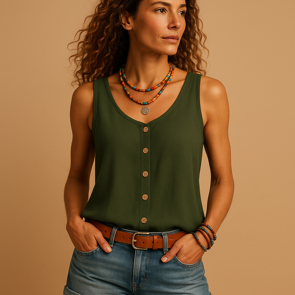 Sleeveless V-neck summer top for women with a relaxed fit and pockets, suitable for casual outfits and warm summer days.