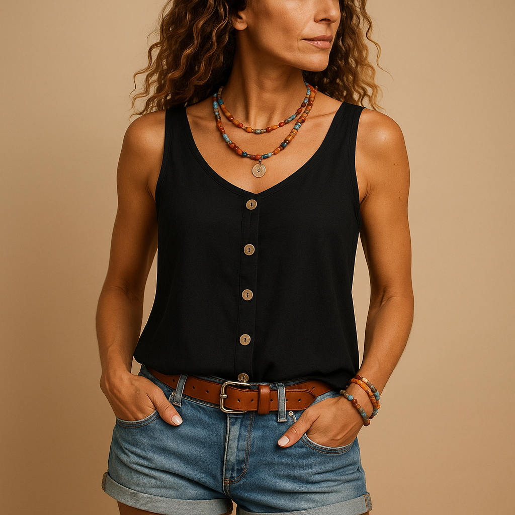 Sleeveless V-neck summer top for women with a relaxed fit and pockets, suitable for casual outfits and warm summer days.