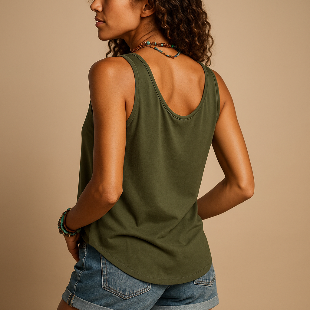 Sleeveless V-neck summer top for women with a relaxed fit and pockets, suitable for casual outfits and warm summer days.
