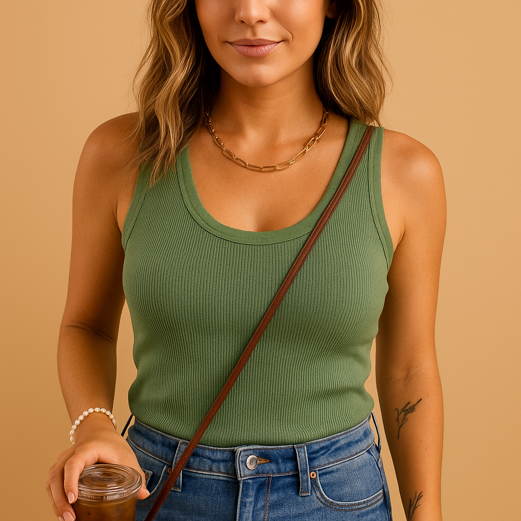 Women’s slim fit cotton tank top with U-neck, lightweight and breathable design, perfect for summer days and casual wear.