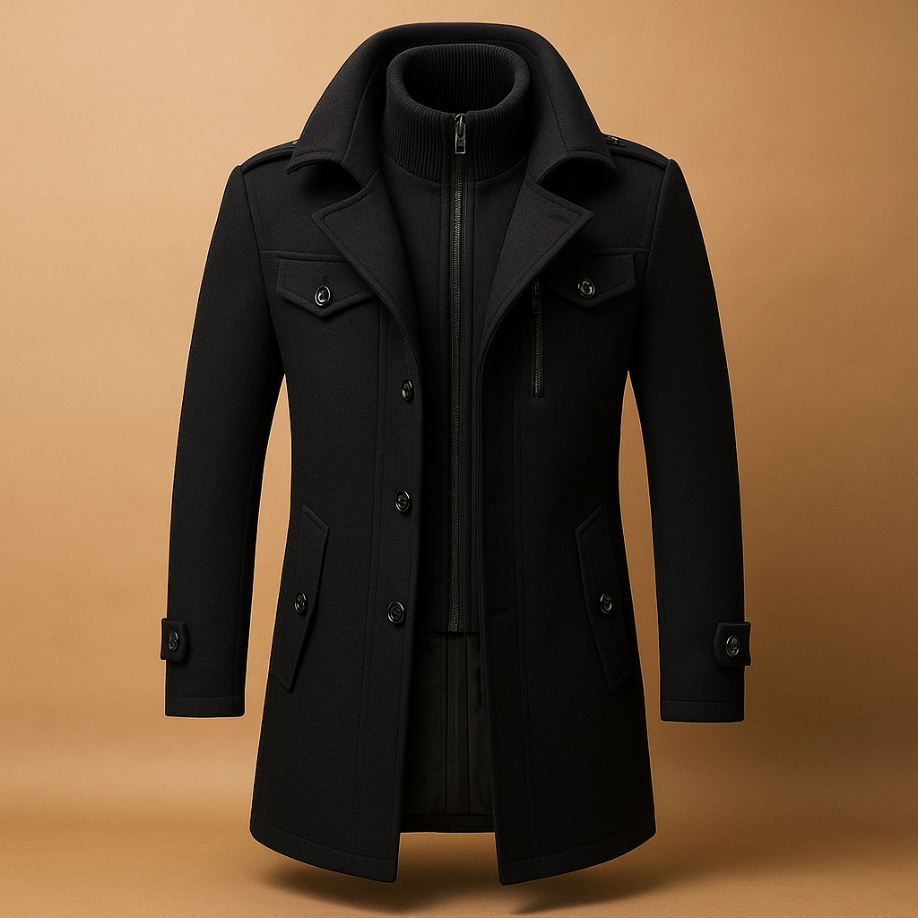 Men’s slim fit winter coat with tailored design, practical pockets, and durable warmth, suitable for work and formal occasions.