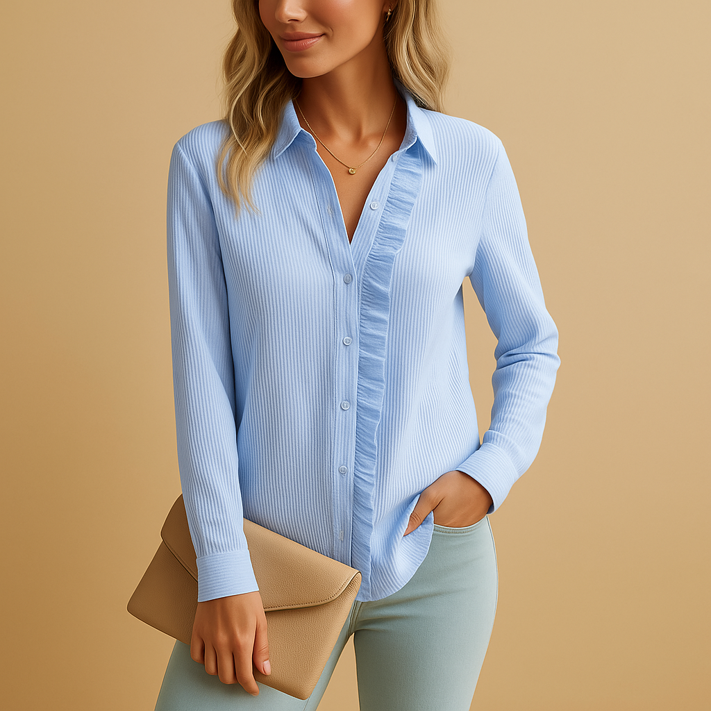 Striped ruffle blouse for women in black, white, pink and blue with feminine fit, perfect for office wear, casual outfits and semi-formal occasions.