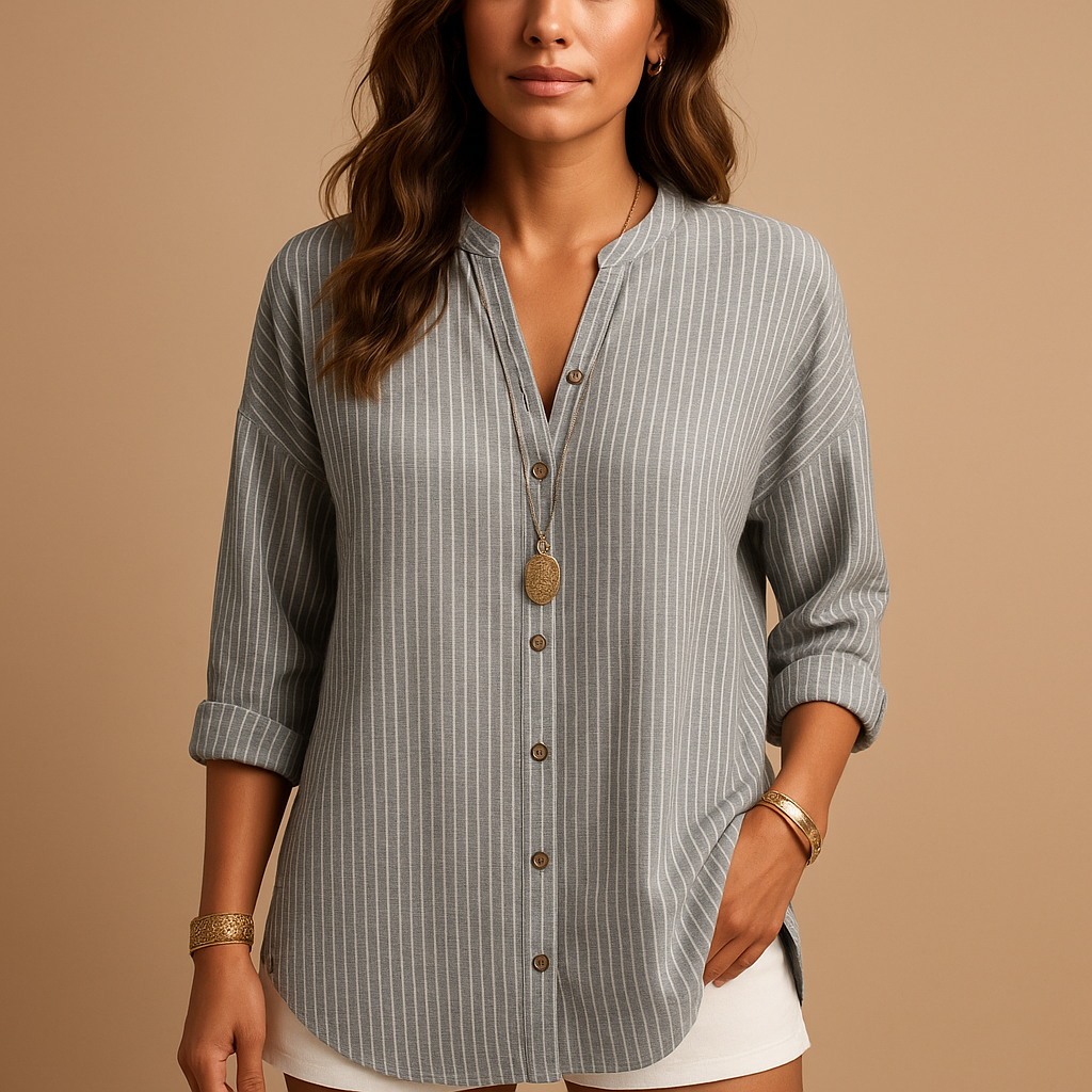 Women’s striped V-neck long sleeve shirt with breathable fabric and classic design, suitable for office wear, casual outfits, and formal occasions.