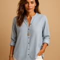 Women’s striped V-neck long sleeve shirt with breathable fabric and classic design, suitable for office wear, casual outfits, and formal occasions.