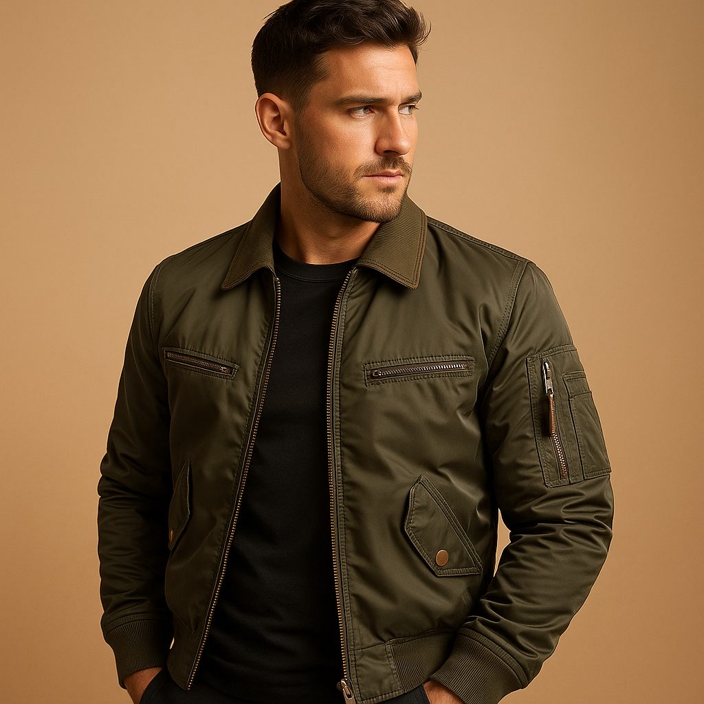 Stylish bomber jacket for men with light padding, zipper and snap buttons, and practical pockets, suitable for casual and semi-formal outfits.