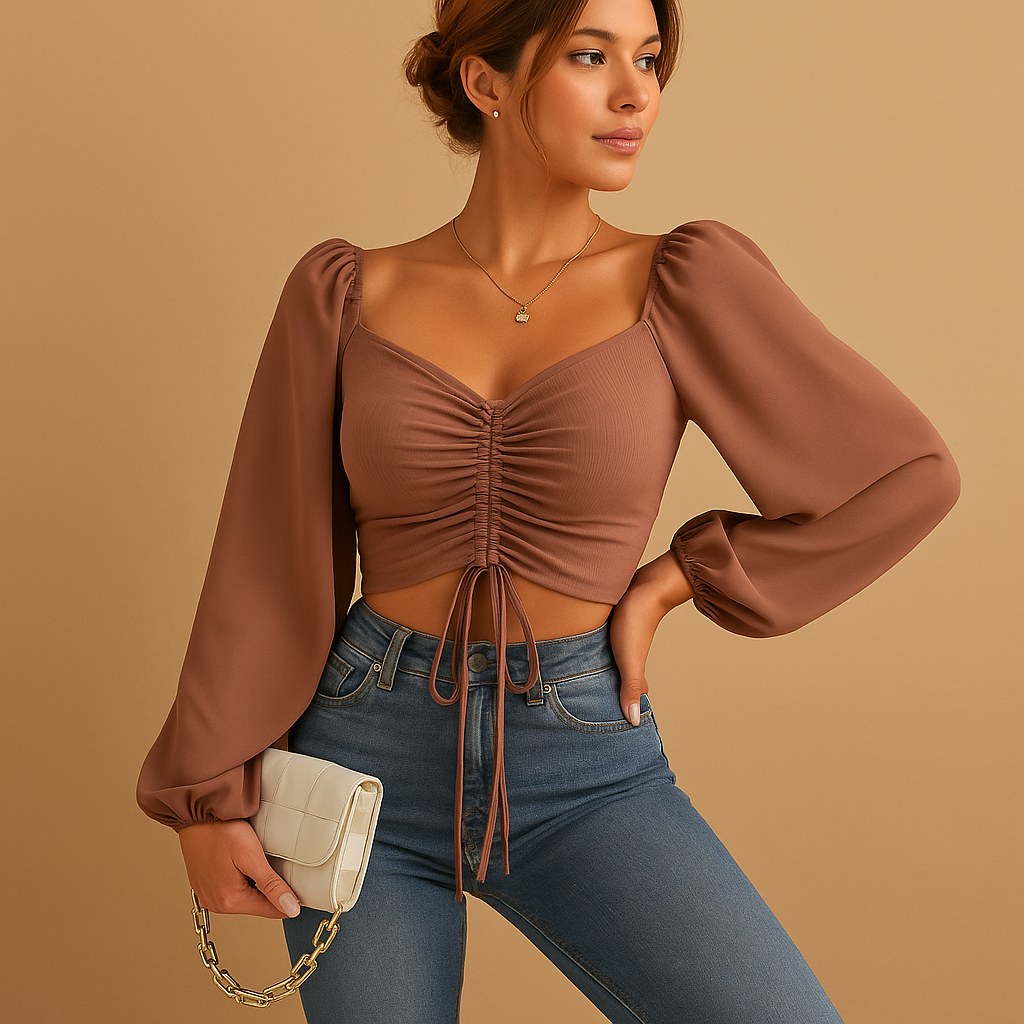 Women’s sweetheart neckline fitted blouse with drawstring detail, available in multiple colors, ideal for casual outfits or festive occasions.