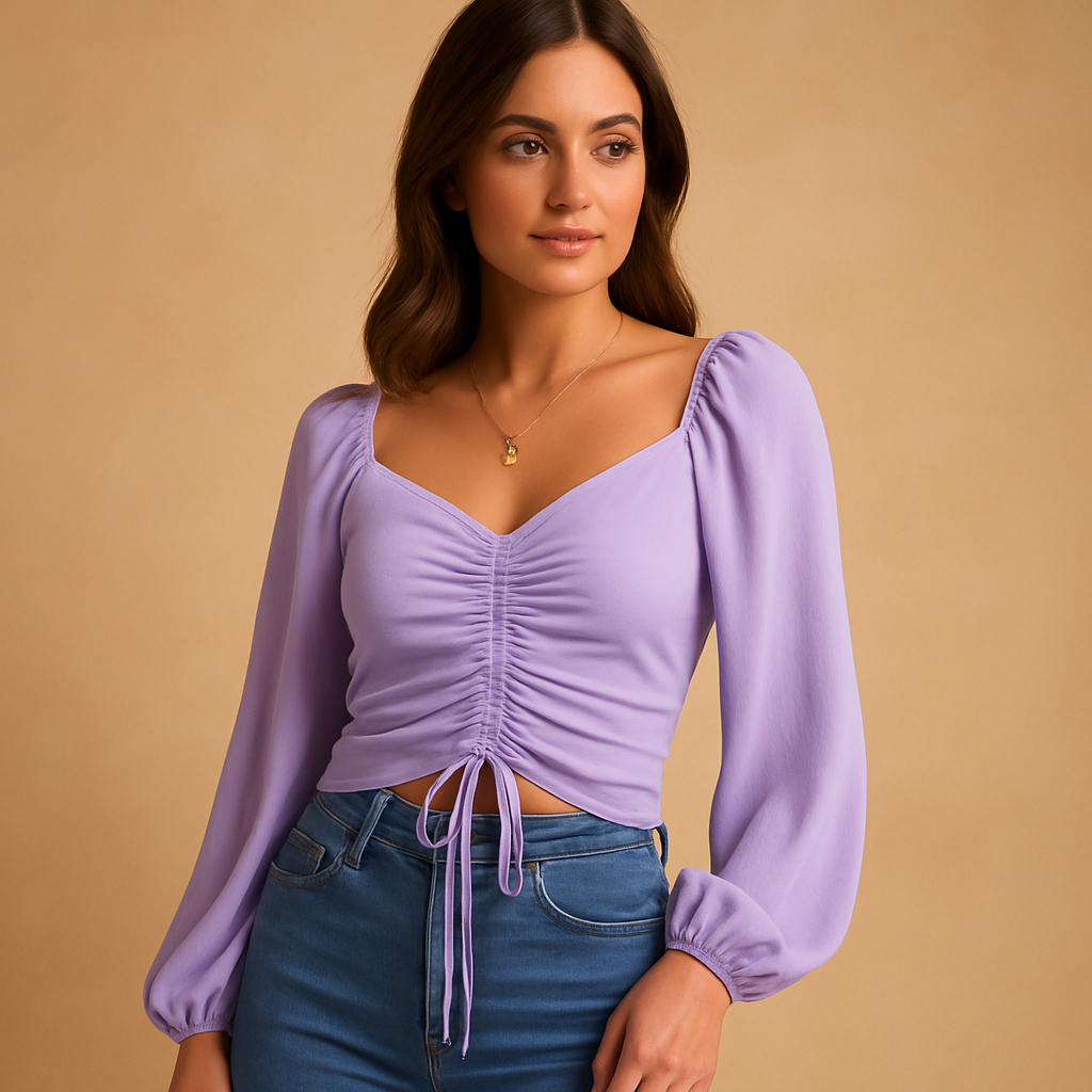 Women’s sweetheart neckline fitted blouse with drawstring detail, available in multiple colors, ideal for casual outfits or festive occasions.