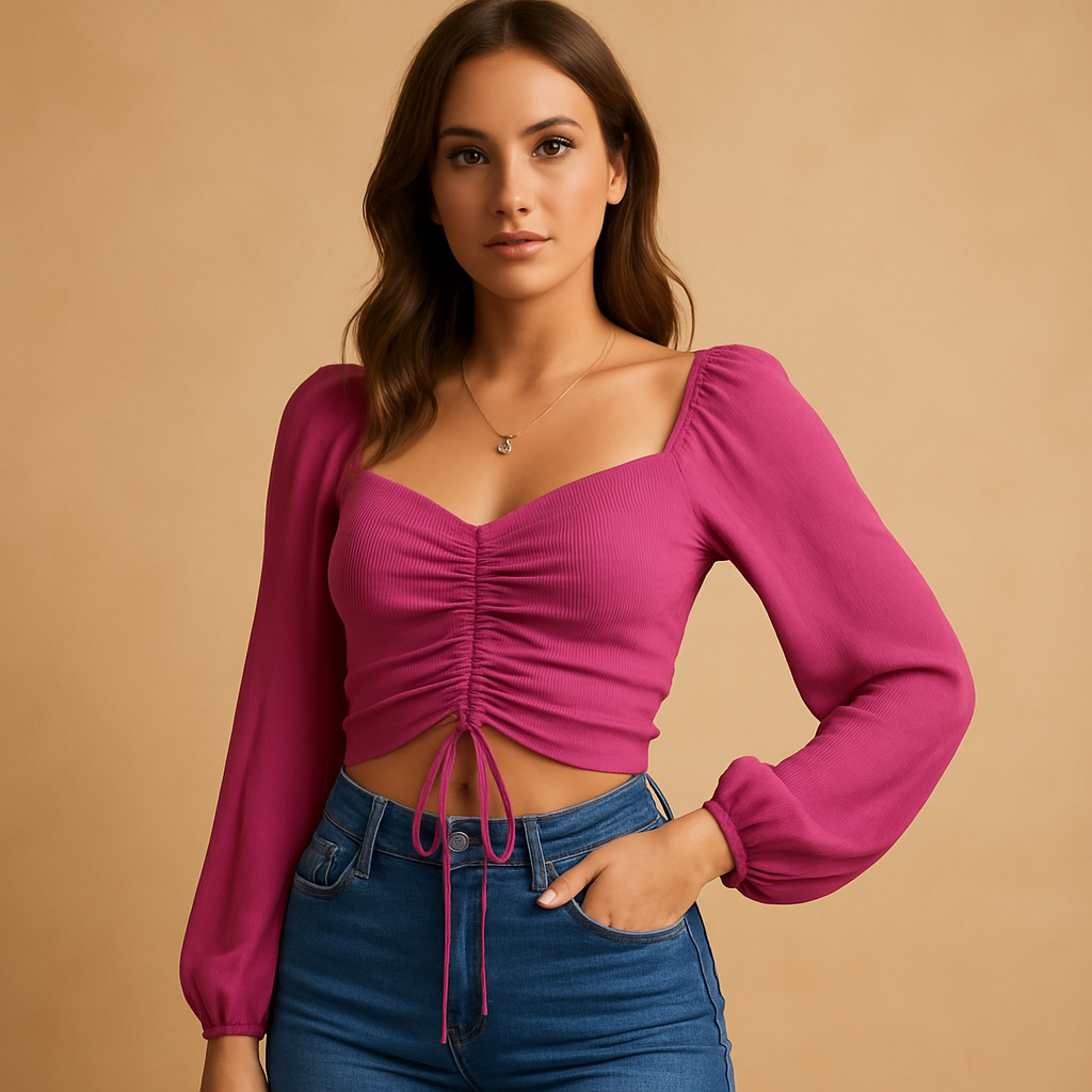 Women’s sweetheart neckline fitted blouse with drawstring detail, available in multiple colors, ideal for casual outfits or festive occasions.