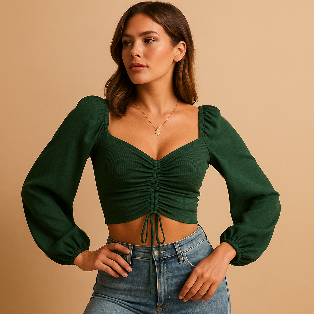 Women’s sweetheart neckline fitted blouse with drawstring detail, available in multiple colors, ideal for casual outfits or festive occasions.