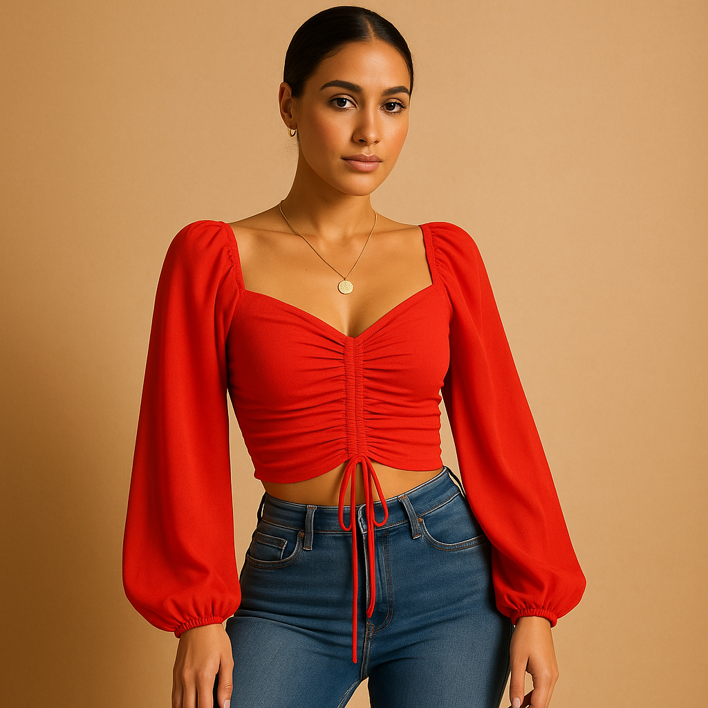 Women’s sweetheart neckline fitted blouse with drawstring detail, available in multiple colors, ideal for casual outfits or festive occasions.