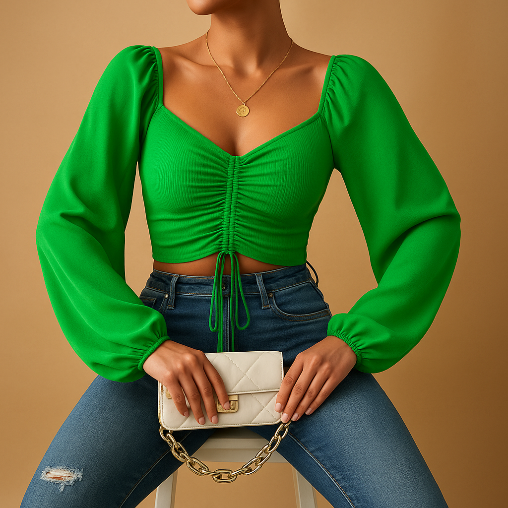 Women’s sweetheart neckline fitted blouse with drawstring detail, available in multiple colors, ideal for casual outfits or festive occasions.